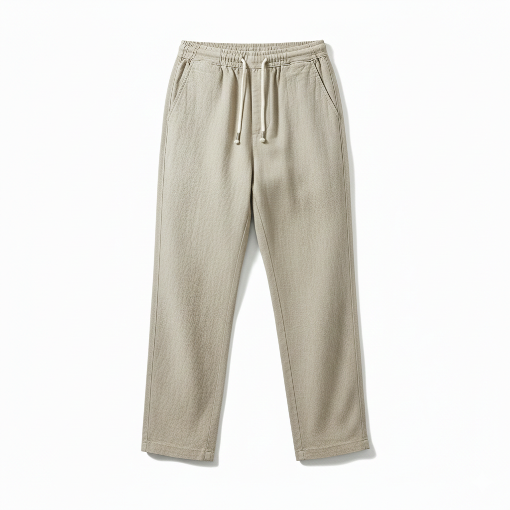 Beige sweatpants with a drawstring on a white background