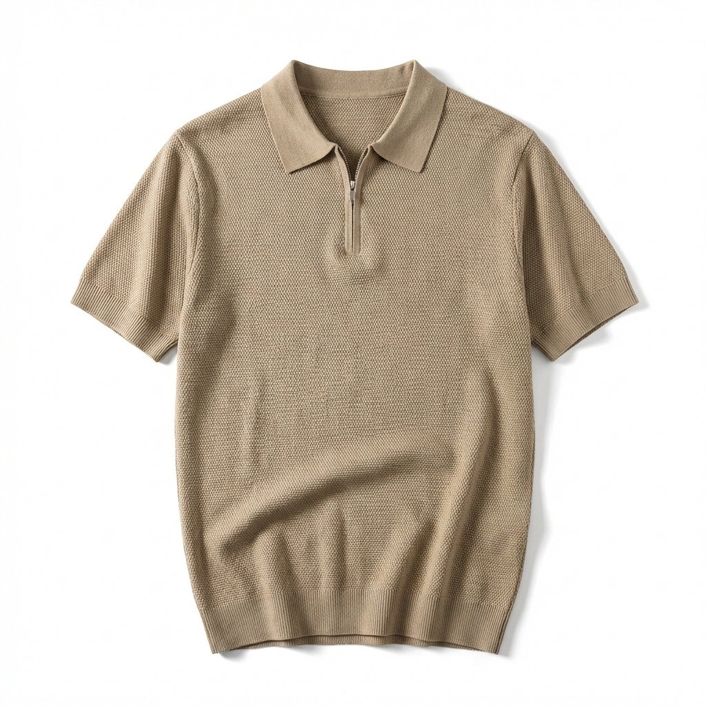 Beige short-sleeve polo shirt with a quarter zip on a white background