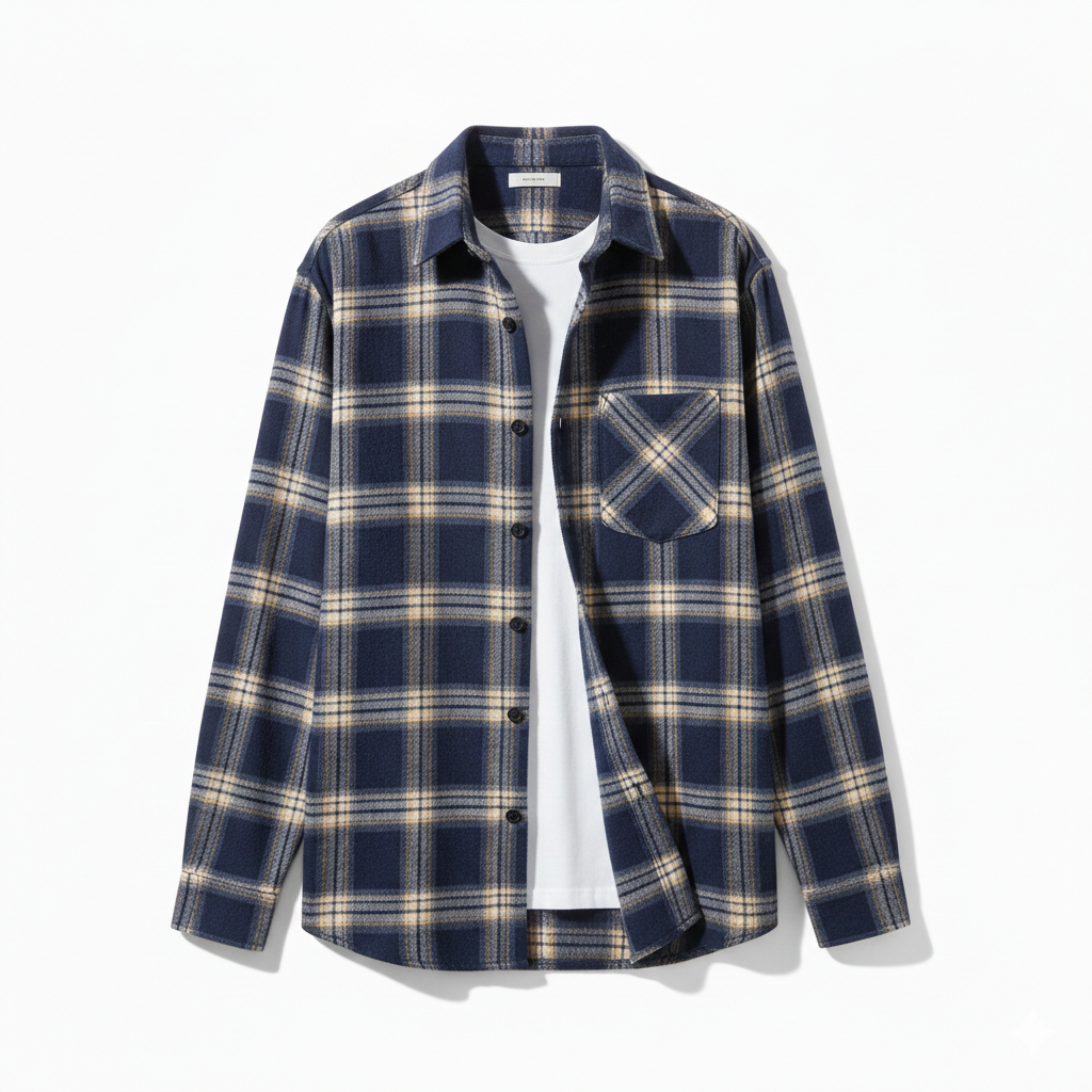 Navy and beige plaid shirt on a white background