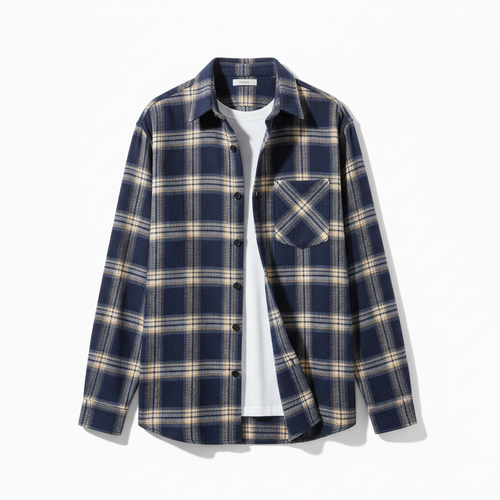 Navy and beige plaid shirt on a white background