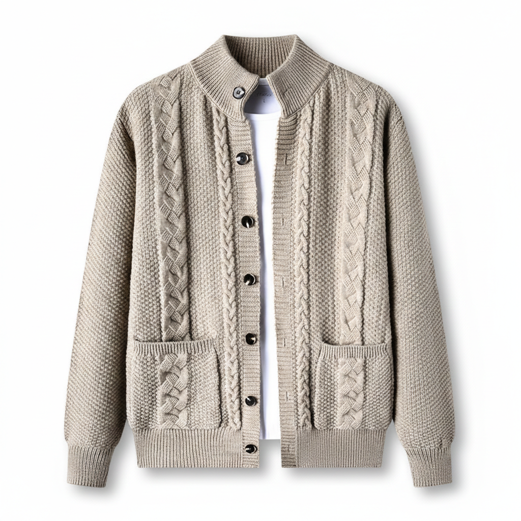 Beige cable knit cardigan on a white background
