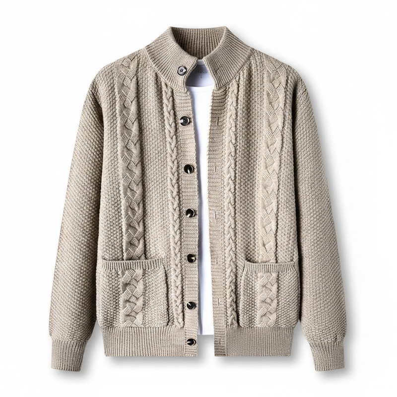 Beige cable knit cardigan on a white background