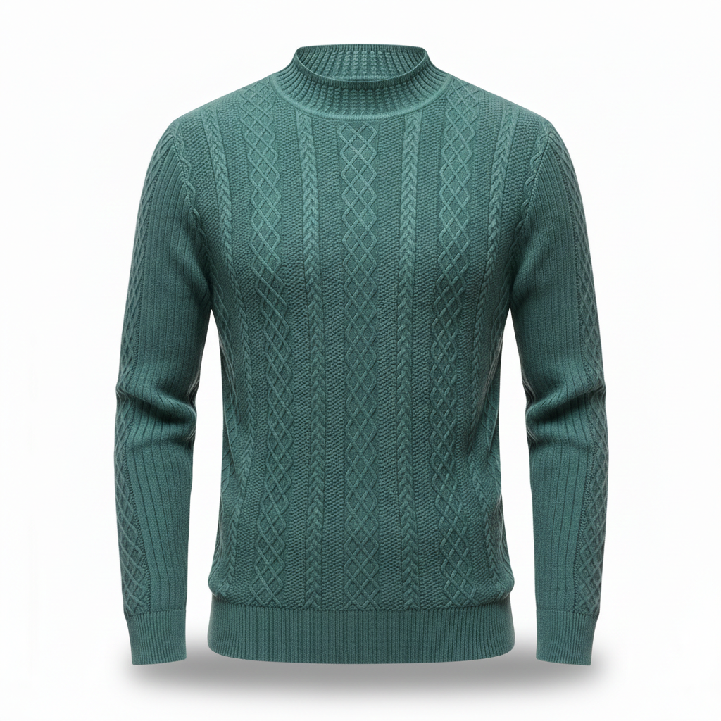 Green cable knit sweater on a white background
