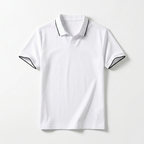 White polo shirt with black accents on a light gray background