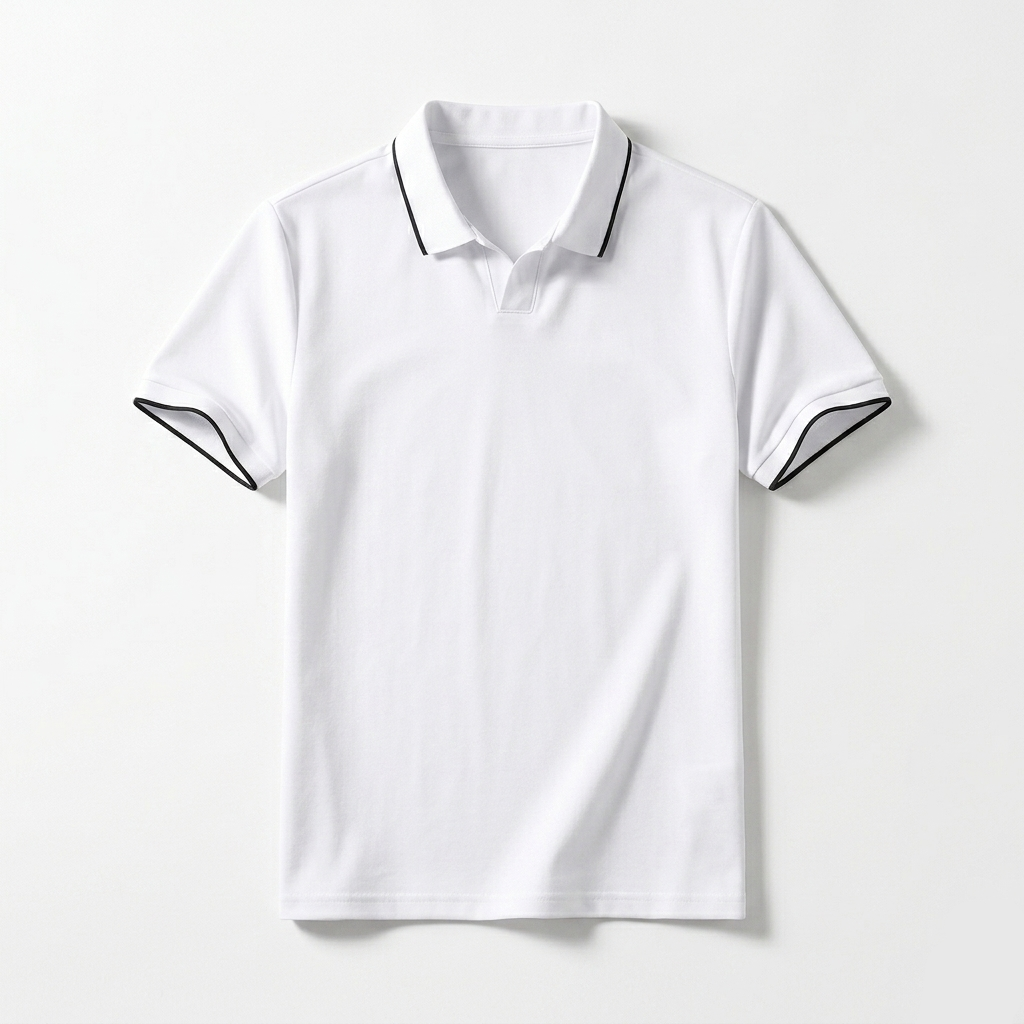 White polo shirt with black accents on a light gray background