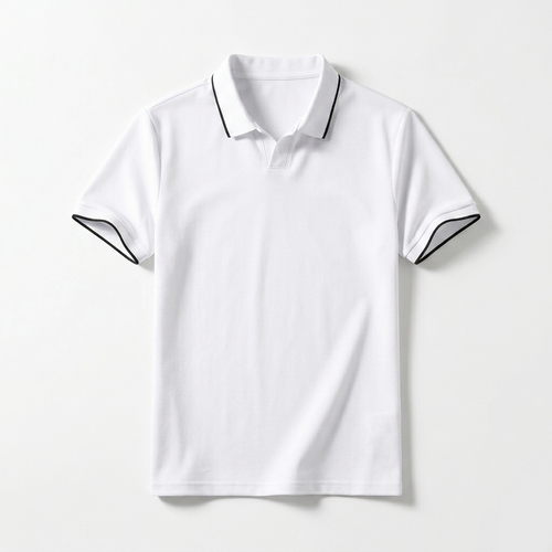 White polo shirt with black accents on a light gray background